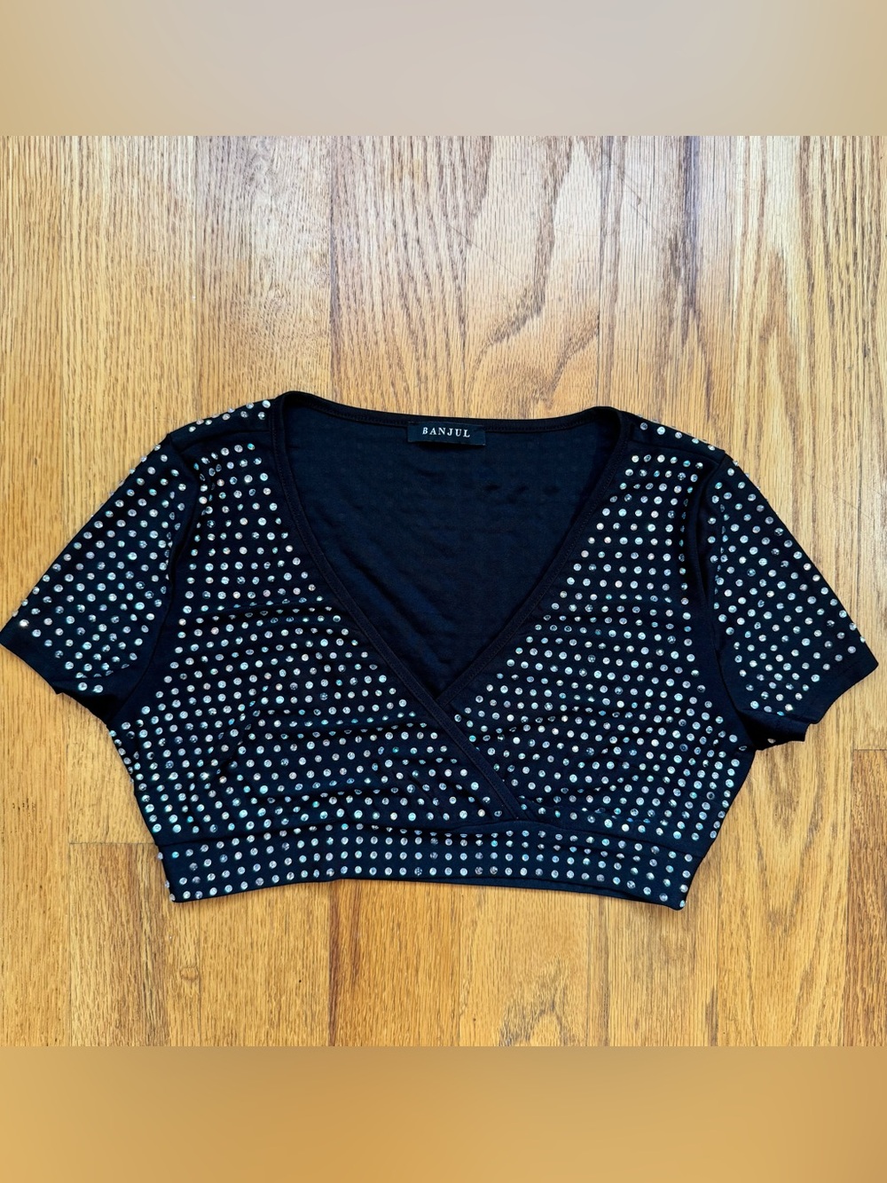 Banjul Black Crystal-Studded V-Neck Crop Top